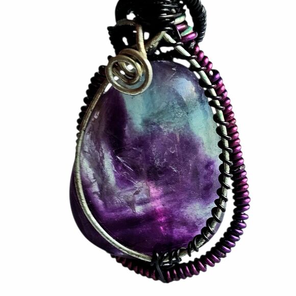 Natural Rainbow Fluorite Wire Wrapped Pendant Necklace, Purple Teal Gemstone - Picture 1 of 7
